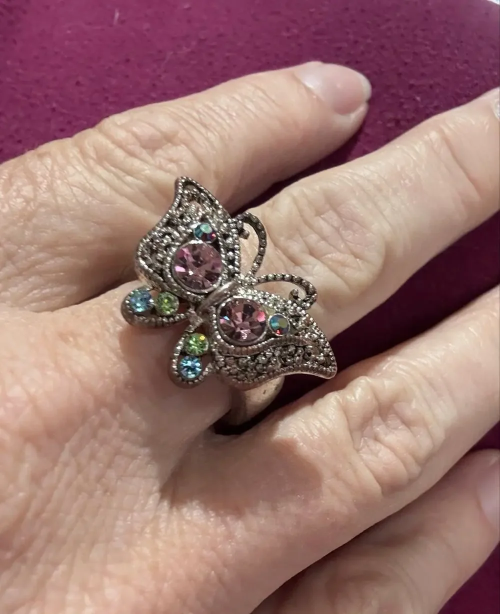 Vintage Butterfly Statement Ring | Lavender Rhinestones | Silver Tone